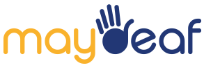 Logo Maydeaf jaune et bleu foncé avec une main 